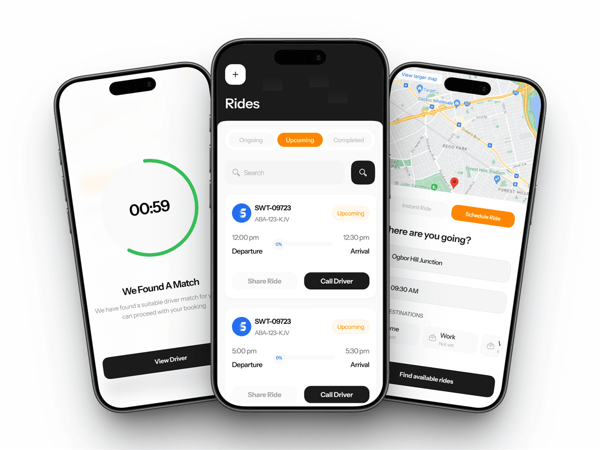 Swift ride-hailing app screens