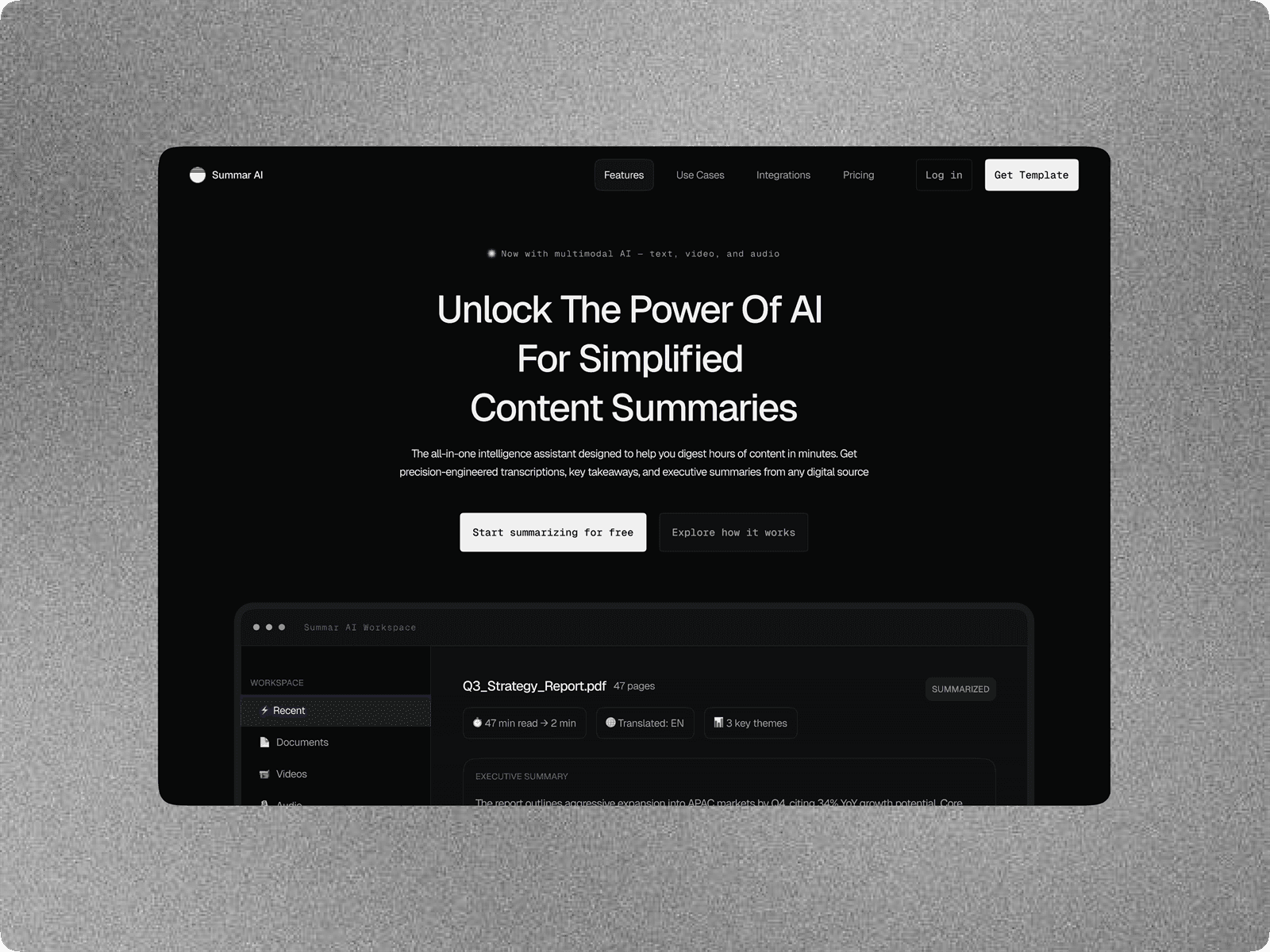 Summar AI SaaS template showing a dark AI summarisation product page