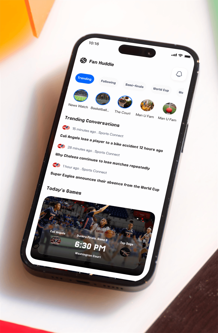Fan Huddle sports app showing trending conversations and today's games