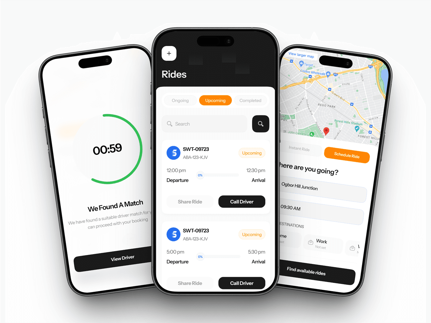 Swift driver and rider app screens showing ride matching and a live map